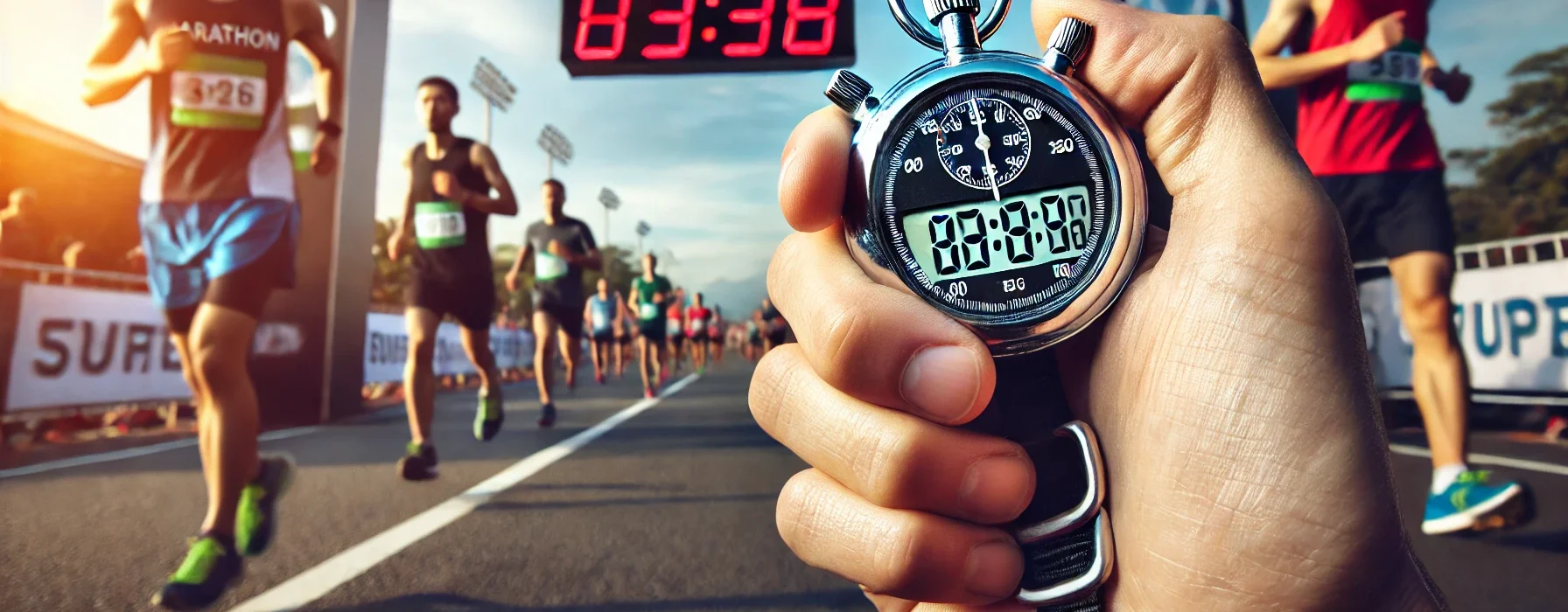 DALL·E 2025-01-27 12.16.14 - A close-up of a marathon runner's hand holding a digital stopwatch at the finish line, capturing the exact moment they stop the timer as they finish t