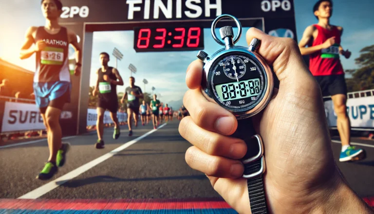 DALL·E 2025-01-27 12.16.14 - A close-up of a marathon runner's hand holding a digital stopwatch at the finish line, capturing the exact moment they stop the timer as they finish t