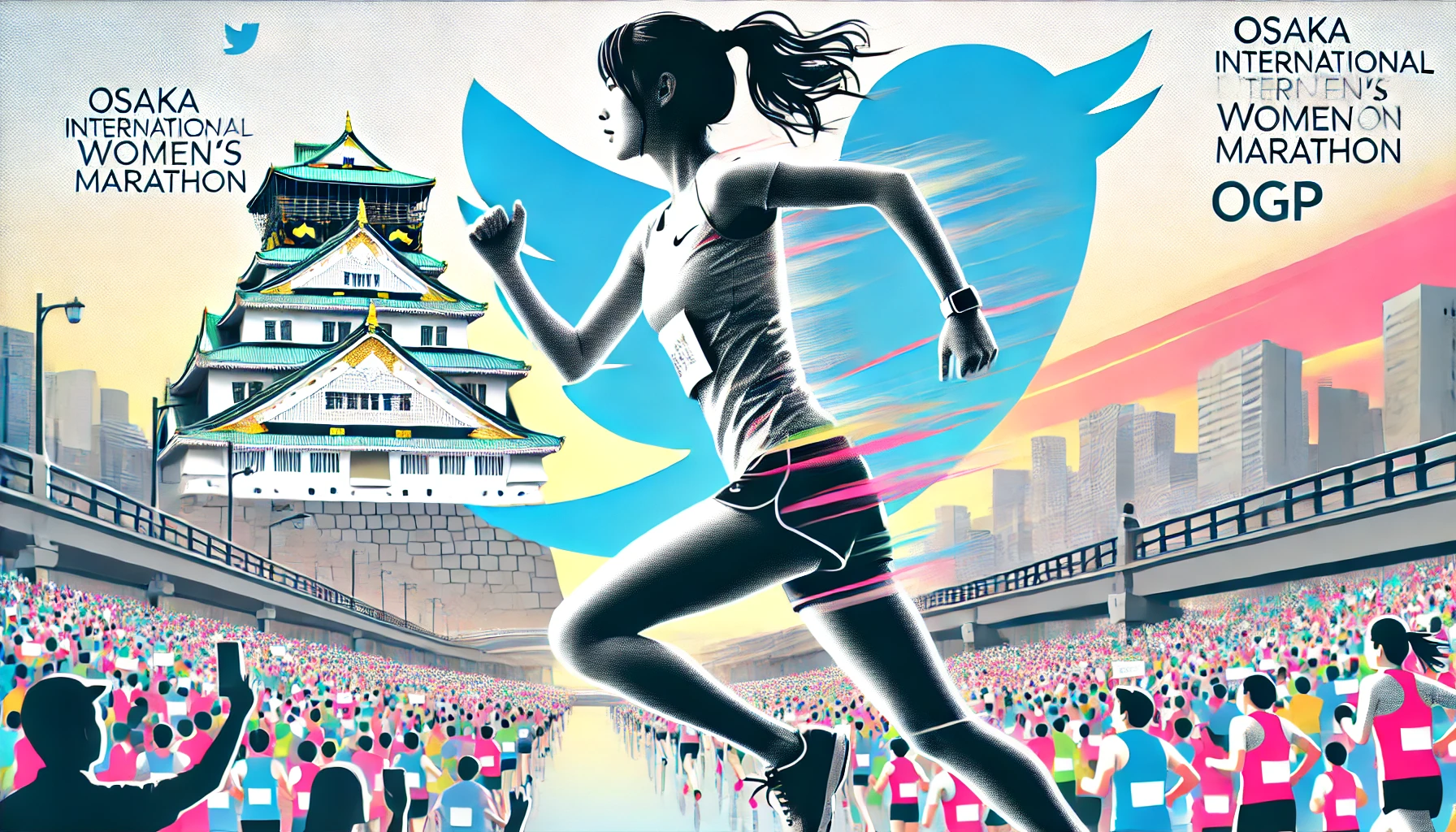 DALL·E 2025-01-27 14.34.41 - A Twitter-optimized OGP-style eye-catching image for the Osaka International Women's Marathon, featuring a female runner depicted from behind, with he
