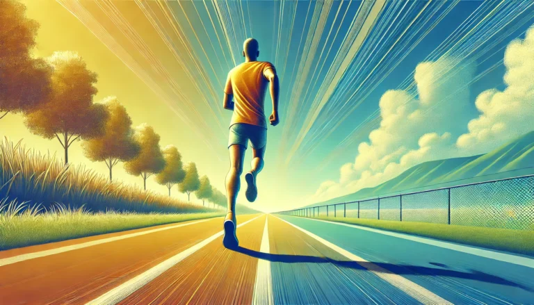 DALL·E 2025-01-28 15.30.01 - Under a bright blue sky, a runner with a slim build is captured from behind, running on a long, paved course. The runner is wearing brightly colored a
