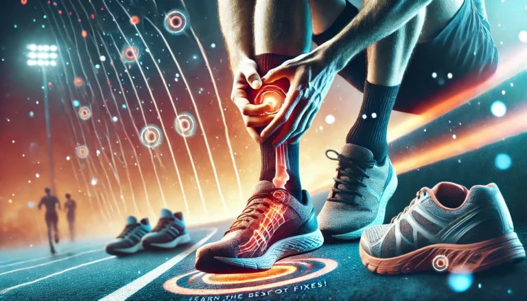 DALL·E 2025-01-30 19.25.33 - A visually engaging blog thumbnail about foot pain in marathon running. The image features a runner clutching their foot in discomfort, sitting on a t