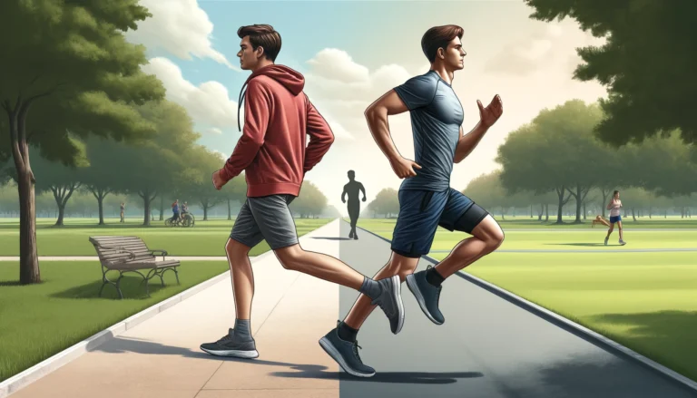 DALL·E 2025-01-30 23.53.32 - A realistic-style illustration of two runners in an outdoor park setting, depicting the difference between jogging and running. On the left, a jogger