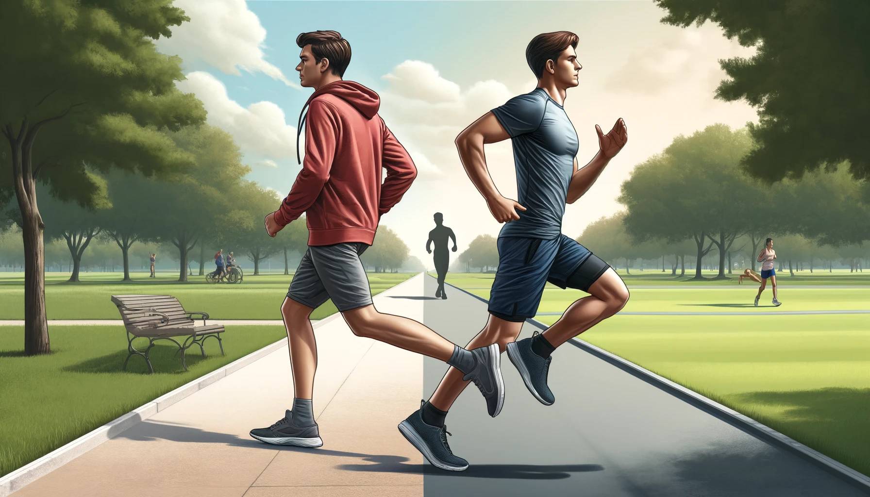 DALL·E 2025-01-30 23.53.32 - A realistic-style illustration of two runners in an outdoor park setting, depicting the difference between jogging and running. On the left, a jogger