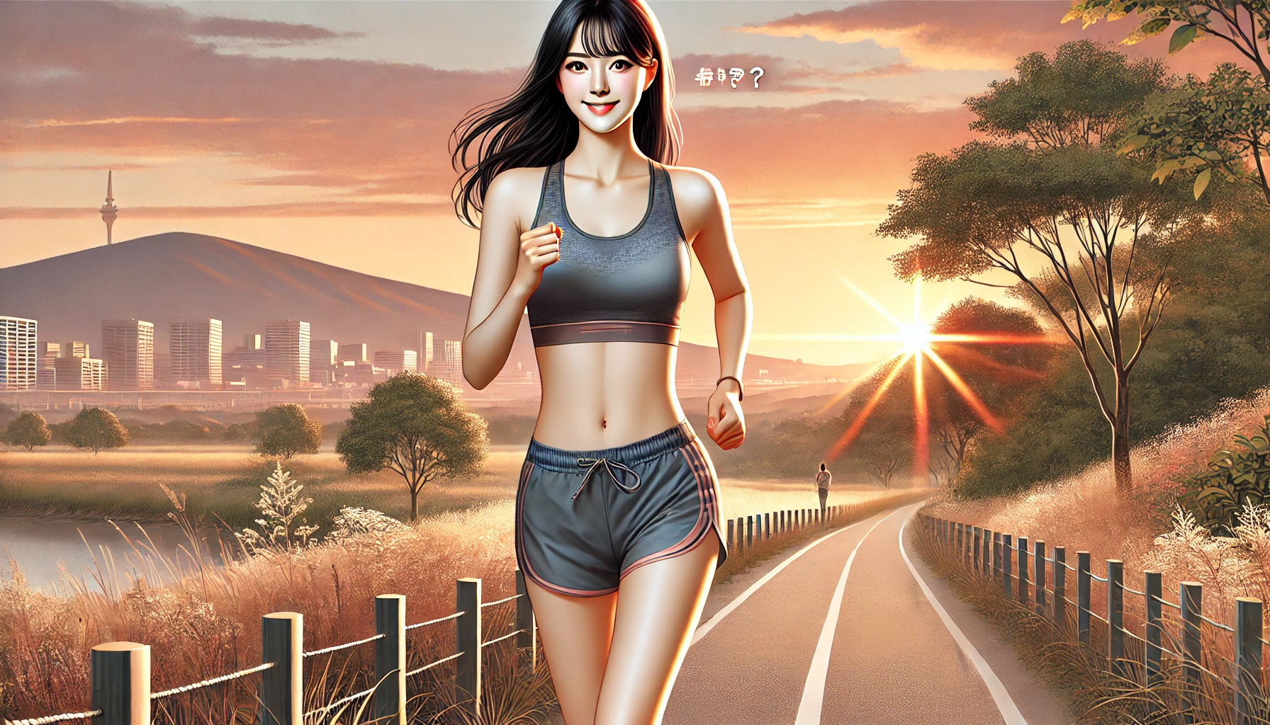 DALL·E 2025-01-31 23.24.29 - A realistic digital illustration of a fit young woman running on a scenic outdoor trail during sunset. She has a confident and happy expression, weari